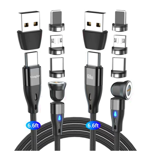 VISAGLOR PD 60W USB C Magnetic Charging Cable 2Pack/ 6.6ft, 3A Fast Charging Data Transfer USB C/A to USB C Magnetic Phone Charger Cable /540° Rotating Magnetic Cord for Type C/Micro USB/i-Products