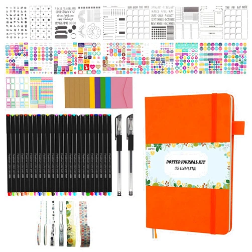 LOPWO Bullet Dotted Journal Kit with Gift Box - Including 192 Numbered Pages A5 Notebook, Colored Pens, Stickers, Stencils, Washi Tapes, Small Envelopes and Accessories (Orange)