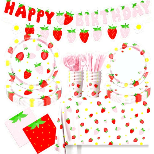 GREHUMOR Strawberry Birthday Decorations Strawberry Party Plates and Napkins Berry First Birthday Party Supplies Includes Plates, Napkins, Cups, Cutlery, Banner, Tablecloth for Girls Birthday Decor