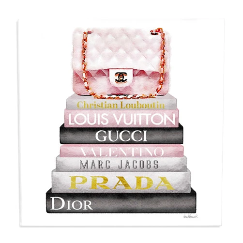 Stupell Industries Watercolor High Fashion Bookstack Padded Pink Bag Canvas Wall Art Design By Artist Amanda Greenwood