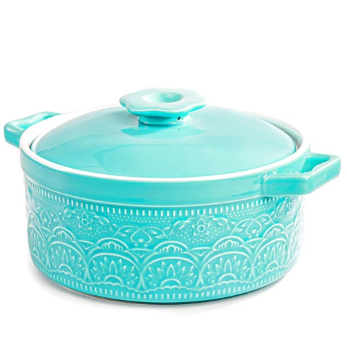Elsjoy 2 Quart Ceramic Casserole Dish with Lid, 7.5 Inch Round Covered Casserole Pot Oven Safe Glazed Ceramic Baking Dish, Lace Emboss Bakeware Stew Pot for Soup, Dinner, Non-Stick