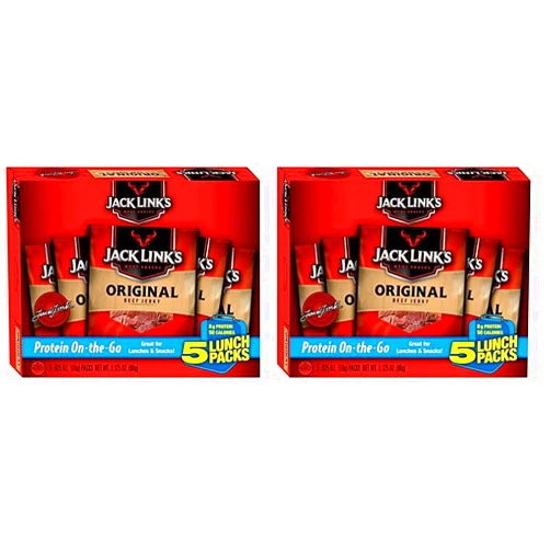 Jack Link's Beef Jerky 5 Count Multipack, Original, 5, 0.625 oz. Bags - Flavorful Meat Snack for Lunches, Ready to Eat - 7g of Protein, Made with 100% Beef - No Added MSG** or (Pack of 2)