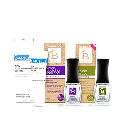 BARIELLE Health and Healing Nail Treatment 3-Piece Collection with Nail Strengthening Cream Protein Rebuilding Base Coat and Everlast Top Coat