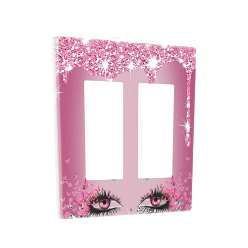 Ifetiful Bling Eyelash Butterfly 2 Gang Rocker/Decorator Light Switch Cover Girls Pink Stylish Glittering Drip Glitter Eye Lashes Decorative Double Decora/GFCI Outlet Wall Plate Girly Charming Bathroom Decor