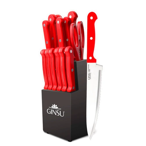 Ginsu Kiso 14-Piece Red Knife Set with Black Block - Dishwasher Safe and Always Sharp