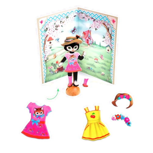 DJECO Dress-Up Stickers - 3 Wooden Cats & 65+ Stickers for Home, School or Gifts - Fun & Creative for Family & Friends - Educational Fashion Play for Preschool, Kids 3+