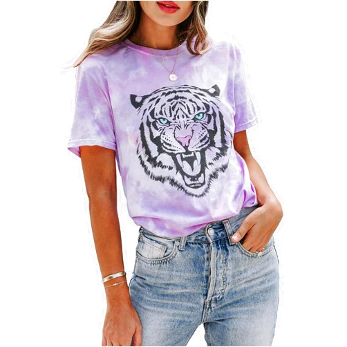 LHBNK Tie Dye Shirt Womens Animal Tiger Graphic Tees Tops Summer Casual Loose Short Sleeve T-Shirt Blouse
