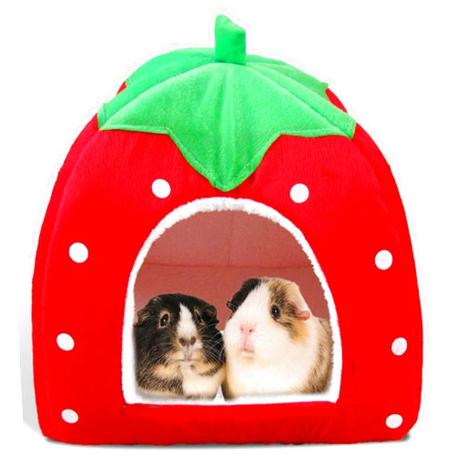 GEGURI Guinea Pig Bed, Cozy Rabbit Hideout with Warm Fleece Washable Cuddle Cup Winter Sleeping House for Small Pets Strawberry Style