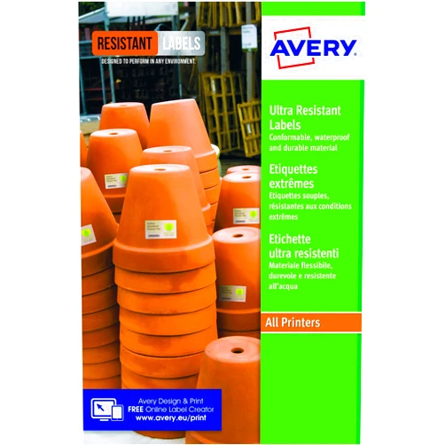 Avery B3427-20 Ultra Resistant Labels, White (A4 Sheet of 105 x 74.3 mm, 20 Labels)