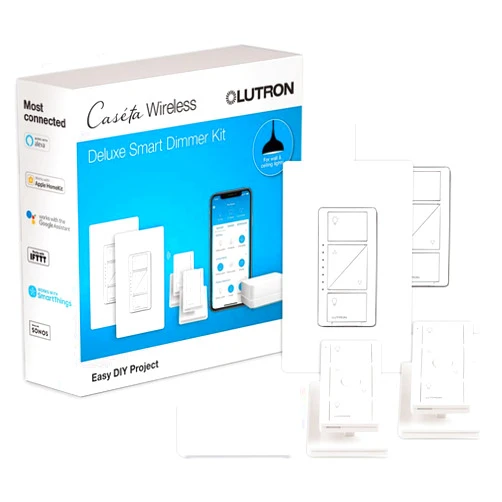 Lutron Caseta Deluxe Smart Dimmer Switch (2 Count) Kit with Caseta Smart Hub | Works with Alexa, Apple Home, Ring, Google Assistant | P-BDG-PKG2W | White