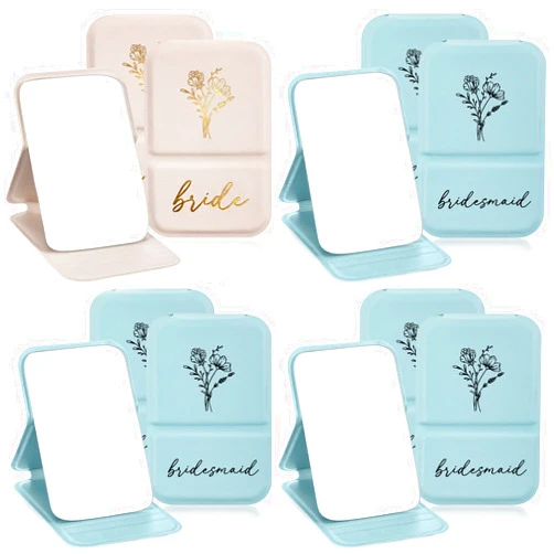 Novabright 8 Pack Bridesmaid Proposal Compact Mirrors, Floral Engraved Folding Makeup Pocket Mirror Set for Women, Bridal Shower Bachelorette Party Wedding Favors Gifts(Blue, White)