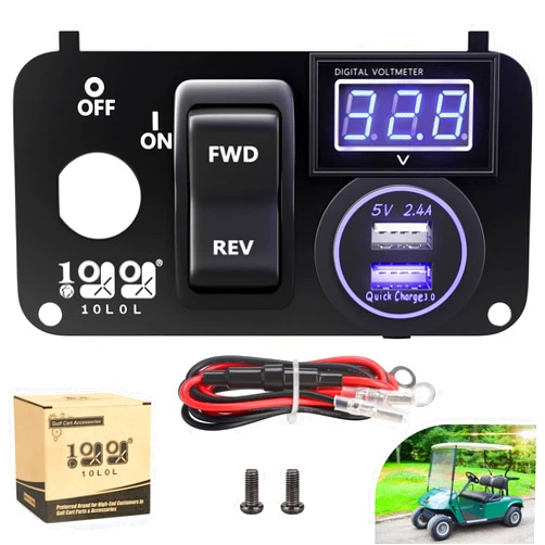 10L0L Golf Cart Key Switch Console Plate Panel for EZGO TXT PDS 2003-up Electric, Equipted Forward Reverse Switch & LED Digital Voltmeter & 12V 3.0 Fast Charger Dual USB Socket