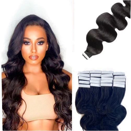 Valiilo Body Wave Tape in Hair Extensions Real Human Hair Natural Black Wave Human Hair Tape in Extensions 18inch Wave Tape ins for Black Women Double Sided Skin Weft Glue in Remy Hair 20pcs 50g