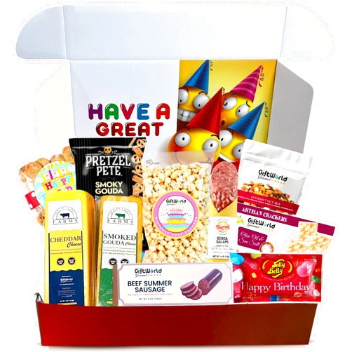 GiftWorld Happy Birthday Meat and Cheese Gift Basket - Birthday Cheese and Crackers Gift Basket, Birthday Food Gifts Assortment | Happy Birthday Food Gift Basket For Women, Birthday Food Gifts for Men - Perfect Birhtday Food Gifts for Brother, Sister, Daughter, Son, Mom, Dad and Celebrations