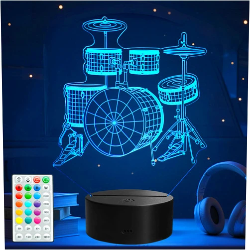 Colortown Drum Night Light, Drummer Gifts, Drum 3D Illusion Lamp 3D Night Light with Remote Control, 16 RGB Colors, 4 Flashing Modes, Timer, Dimmable, Kids Room Decor