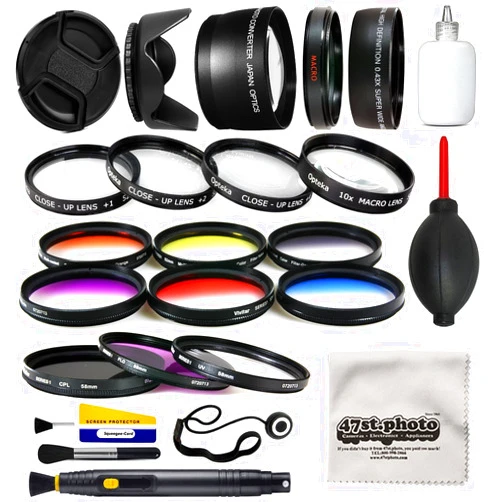 47th Street Photo 58mm Professional Lens +Filter Kit for DSLR Cameras Featuring HD 0.43x Wide Lens + HD 2.2X Tele Lens + 13 Pcs HD Filter Package + More for Canon Rebel SL1 SL2 T5 T5i T6 T6I T7 T7i Digital SLR Cameras