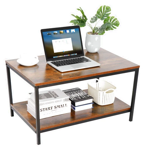 ZenStyle Industrial Coffee Table with Storage Shelf for Living Room, Wood Look Accent Furniture with Vintage Wooden Board Stable Metal Frame Cocktail Table 2-Tier Tea Table, Rustic Brown