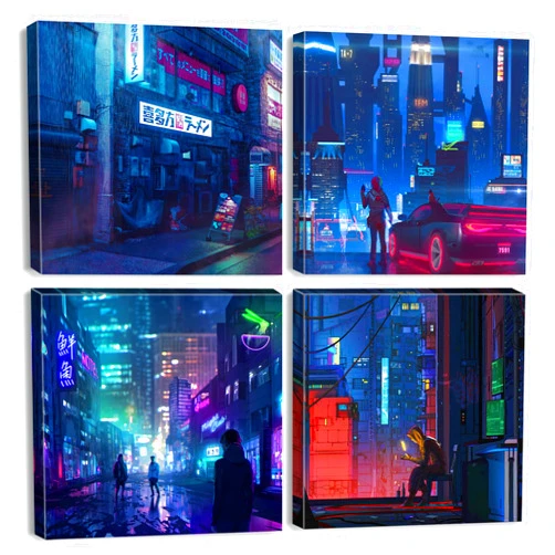 Generic Japanese Anime Wall Art Anime Posters for Bedroom Decor Tokyo Neon Night City Canvas Prints Cyberpunk Gamer Wall Decor Modern Pop Gamer Posters for Boys Room Playroom Home Decorations 12x12
