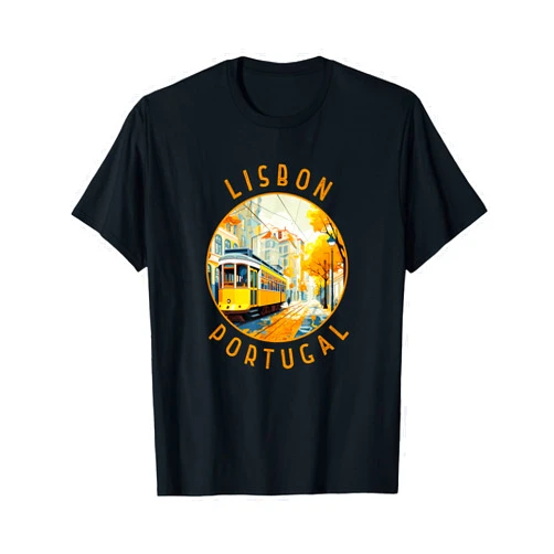 Lisbon Portugal Travel Souvenir Merch Lisbon Portugal Yellow Tram Retro Distressed Circle T-Shirt