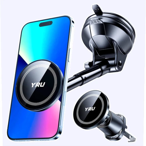 YRU [2025 Upgraded] Magnetic Phone Holder for Car【Patented & Super Magnet】 for MagSafe Car Mount Dashboard Magnet Phone Holder Windshield Phone Stand for iPhone 16 15 14 13 12 Pro Max Samsung, Black