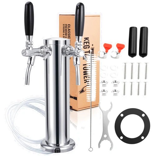 Imaictuu New Adjustable Flow Control Beer Faucet,Upgraded Dual Tap Beer Tower Kegerator Parts 304 Stainless Steel Core Beer Faucet Includes Pre-Assembled Hose and Self-Closing Faucet