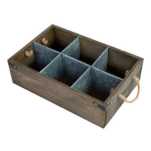 MyGift Rustic Solid Wood and Galvanized Multipurpose Organizer Caddy with 6 Metal Partition Divided Slots and Rope Handles, Vintage Style Wine Bottle Crate Storage Gift Box