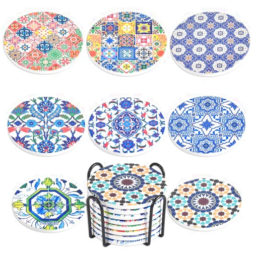 Newk Coasters for Drinks, Set of 8 Ceramic Absorbent Coasters with Metal Holder, Portuguese Pattern Coasters for Coffee Table, Great Housewarming Gifts