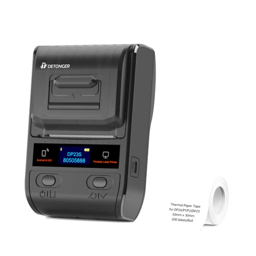 DETONGER Label Maker DP23S Thermal Portable Bluetooth Barcode Label Maker with 1 Pack 50x30mm Label Sticker for Home Office Organization Commercial Use, Android & iOS,Black