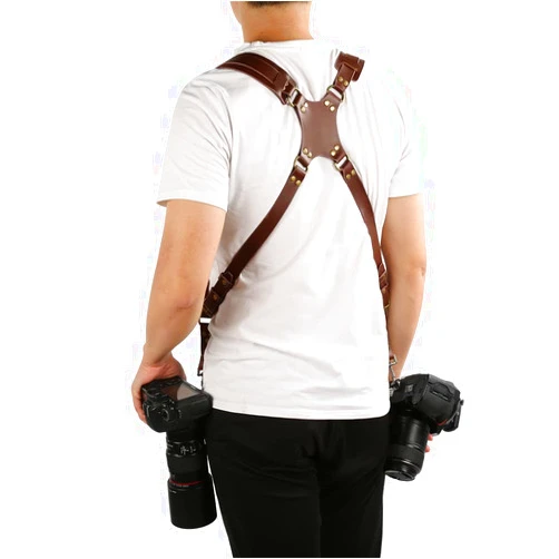 Gugxiom Double Camera Strap,Camera Shoulder Strap for Two Cameras,Adjustable Leather Double Camera Harness Brown