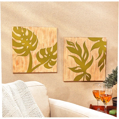 Generic 2-PC Tropical Palm Leaf Printed Wooden Wall Art Set Green Leaves with Wood Grain Background 12