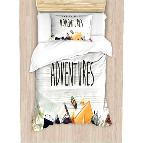 Ambesonne Adventure Duvet Cover Set, Say Yes to New Adventures Text Travel Preparations Theme Wanderlust Concept Retro, Decorative 2 Piece Bedding Set with 1 Pillow Sham, Twin Size, Cream Black