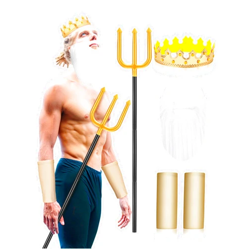Croloose 4 Pieces Halloween King of the Sea Costume Accessories for Men Adult Sea Trident King Crown Beard and Wrist Cuffs for Halloween Golden Poseidon Mermaid Men Costume