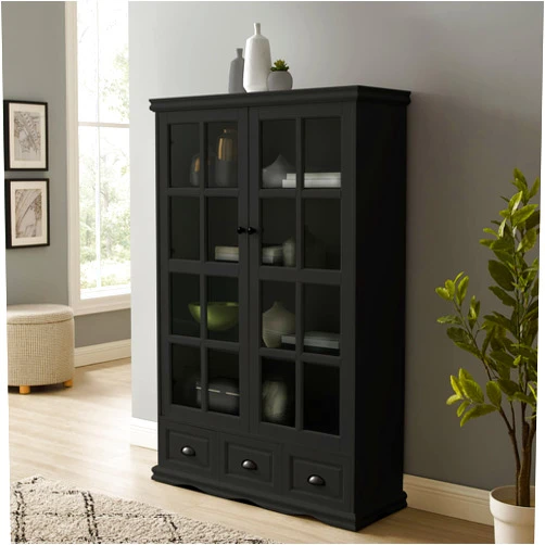 NCKMYB 40'' Display Cabinet Tempered Glass Doors, Wood Storage Cabinet Bookcase with Adjustable Shelf and 3 Drawers, for Home Office, Living Room, Kitchen (Black)