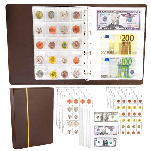 Jucoan 360 Pockets Coin Currency Collection Book Holder for Collectors, 300 Pockets Coin Collection Album and 60 Sleeves Paper Money Banknote Binder, Coin Currency Collection Supplies, Brown
