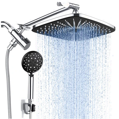Veken 12 Inch High Pressure Rain Shower Head Combo with Extension Arm- Wide Rainfall Showerhead with 5 Handheld Water Spray - Adjustable Dual Showerhead with Anti-Clog Nozzles - Silver Chrome