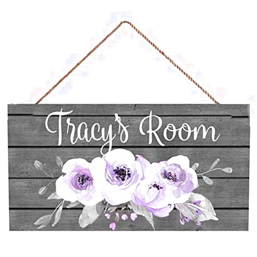 Juidei Personalized Door Sign Purple Floral Bouquet Door Sign Bedroom Nursery Wood Plaque Hanging Wall Art Decor Gift