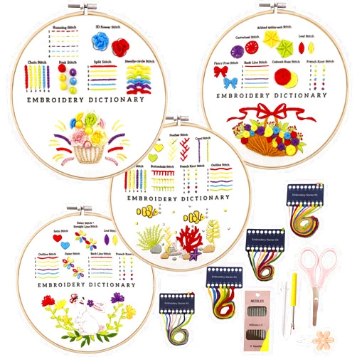 VIVIDOX 4 Sets Embroidery Kit for Beginners with Stitch Video, Cross Stitch Kits for Adults, Hand Craft Lover, Starters Easy Practice with Stamped Pattern, Hoop, Needles, Scissors, Tools & Instruction