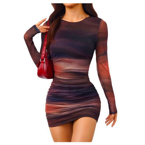 SOLY HUX Women's Tie Dye Bodycon Mini Dress Ruched Mesh Crew Neck Sleeveless Cocktail Party Dresses