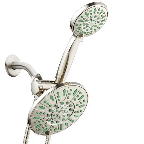 AquaDance Antimicrobial/Anti-Clog High-Pressure 30-setting Rainfall Shower Combo, Microban Nozzle Protection from Growth of Mold, Mildew & Bacteria, Brushed Nickel Finish/Coral Green Jets