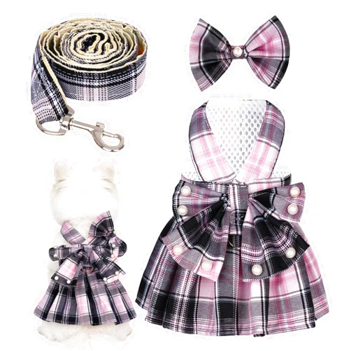 YKYUASD Dog Plaid Dress Harness and Leash Set with Pearls Bow Adjustable Puppy Dress Mesh Vest Bow Knot Pet Clothes for Cute Small Girl Dog Cat
