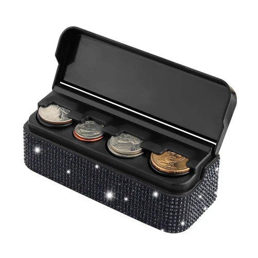 Carleef Bling Coin Holder for Car,4 Compartment Car Organizers and Storage with Rhinestones Compatible with Quarter/Nickel/Pennies/Dimes,Universal Coin Organizer for Car Truck SUV (Black)