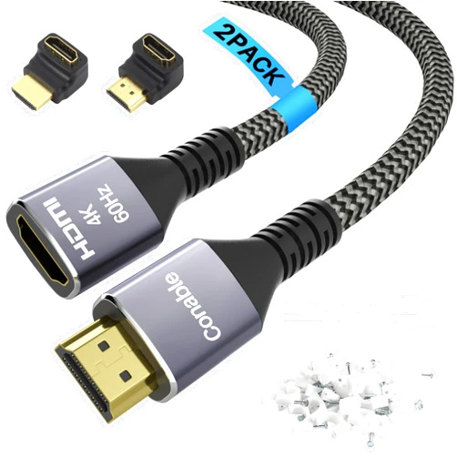 Conable 4K HDMI Extension Cable (2 Pack 1FT+ 1FT), HDMI 2.0 Braided Extender Male to Female Cord, Pure Copper 3D 4K@60Hz 2160p 1080p HDR HDCP 2.2 ARC (with Ties, U Nails, 2 HDMI Adapters)-1 Feet-2 Pack