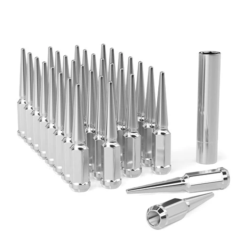 EZISOE 32 pcs Chrome M14x1.5 Spike Wheel Lug Nuts, Closed End Spike Lug Nuts with 1 Socket Key, Conical Bulge Seat, Fit for Silverado, Sierra, Ram 1500 2500 3500 F250 F350