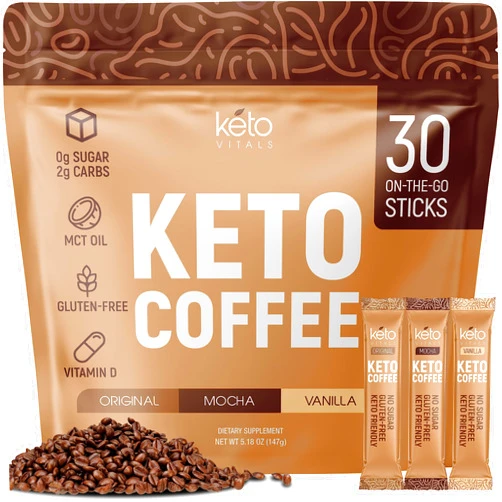 Keto Vitals Instant Keto Coffee Powder - Low-Calorie Sweetened Coffee Packets, Single Serve - Instant Mix in Original, Vanilla, & Mocha Flavors - 30 Count