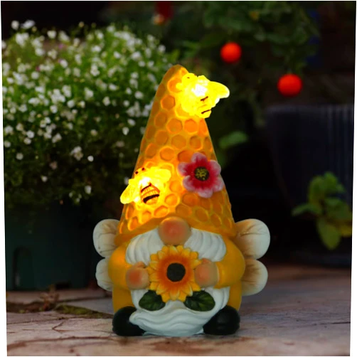 REYISO Garden Gnomes Sculptures for Outdoor& Garden Decor with Solar Bee Lights-Gnomes Decorations for Home- Sunflower Gifts for Women, Mom or Birthdays-Summer Gnomes Fairy Garden for Patio,Yard,Lawn