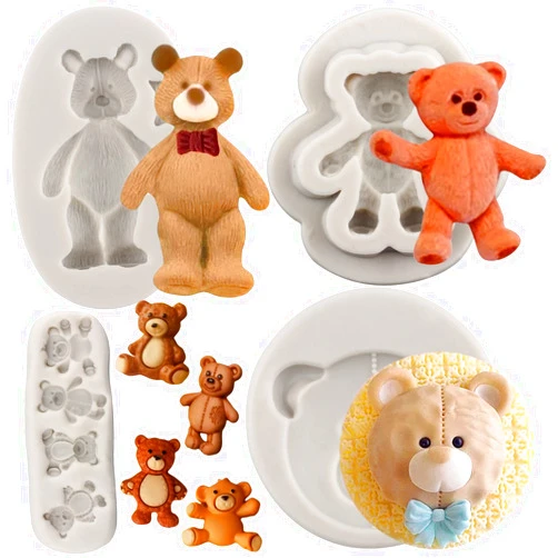 MYPRACS Bear Silicone Fondant Molds For Teddy Bear Cake Decoration Cupcake Topper Chocolate Gum Paste Sugar Candy Polymer Clay Set Of 4