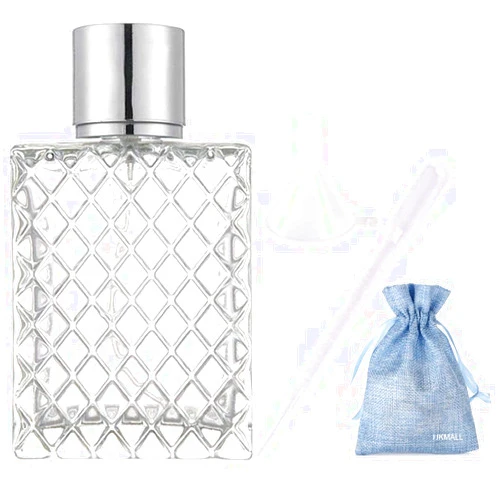 JJKMALL 100ML 3.4oz Glass Spray Bottles for Essential Oils, Perfumes, Empty Clear Mist Spray Bottle with Silver Aluminum Sprayer - (1Pack) 1pc Funnel Filler 1PC 3ml Dropper 1pc Storage Gift Bag