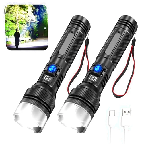 JMNGSHU Flashlight with 10000 Lumens, Type-C Fast Charging & 16-Hour Runtime, 3 Modes, Telescopic Zoom, Waterproof, Compact Handheld Flashlight for Camping, Hiking, Hurricane Prep (2-Pack)