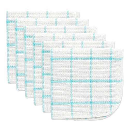DII Scrubber Dishcloths Collection Windowpane Dishrag Set, 12x12, White/Aqua Stripe, 6 Piece