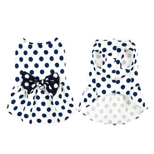 DYAprWu Cute Polka Dots Cat Small Dog Dress with Bow Tie Summer Clothes with D-Ring on The Back for Puppy Cat(White with Navy Dots, X-Small)